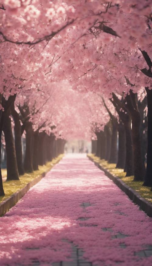 A vibrant avenue lined with Japanese cherry blossom trees showering petals gently in the soft morning breeze.