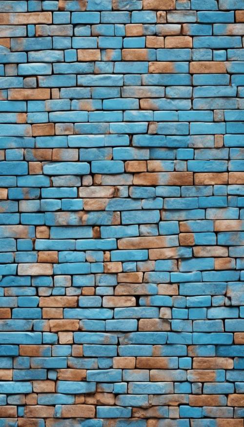 Một bức tường làm hoàn toàn bằng gạch màu xanh sáng.
