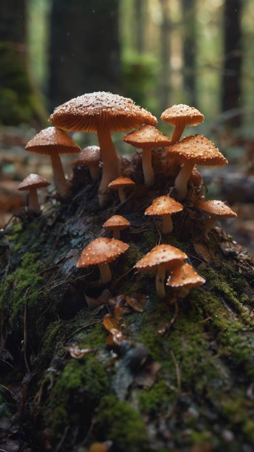 חבורה של פטריות זעירות, חמודות בצבע ניאון, צומחות על עץ ישן ונפל ביער צפוף ומיסטי.