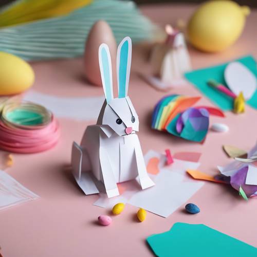 DIY 종이 부활절 토끼는 풀과 다채로운 시트를 사용하여 테이블 위에 공예품을 만듭니다.