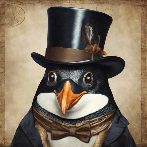 Lukisan gaya vintage seekor penguin pria bergaya Victoria yang mengenakan topi tinggi dan kacamata berlensa.