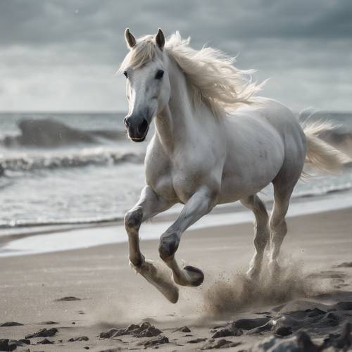 Un caballo blanco con temática de fotografía antigua galopando por una playa gris de guijarros.
