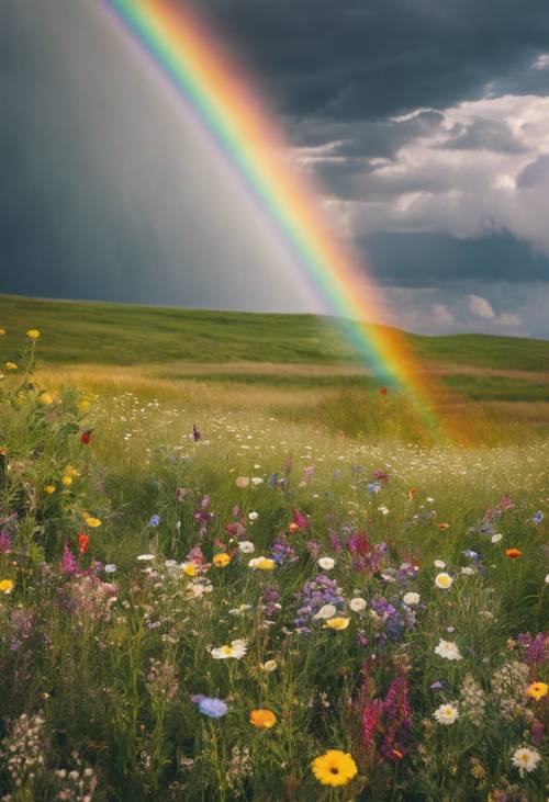 A rainbow appearing above a prairie dotted with patches of blooming wildflowers.