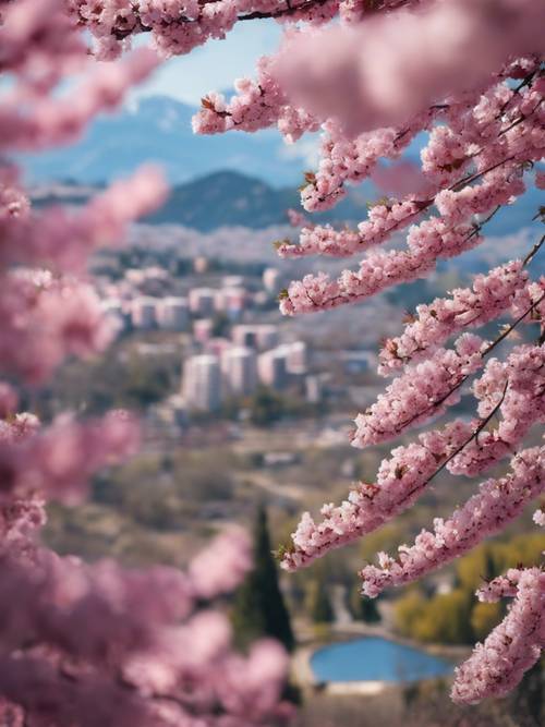 遠くに山が見える風景と、ピンクの桜の谷が広がる壁紙