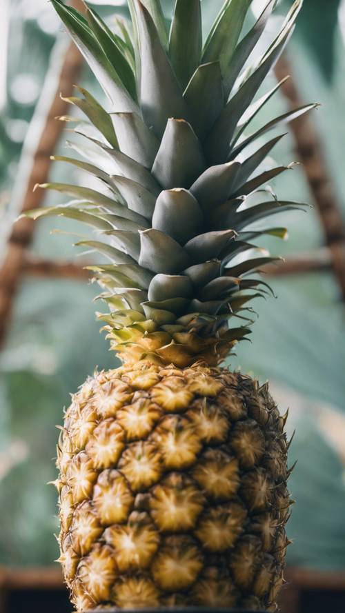 A pineapple at the top of a fruit pyramid.
