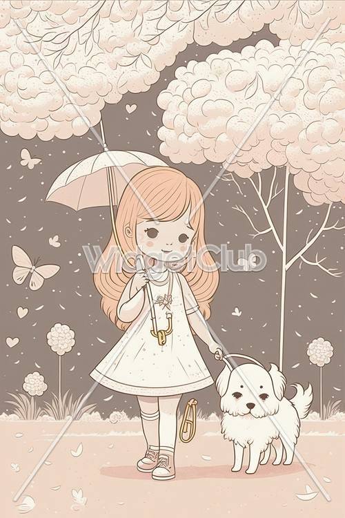 Menina e cachorro sob flores de cerejeira