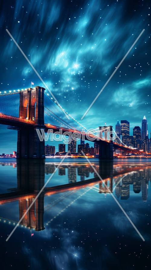 Звездное ночное небо над городским мостом и небоскребами