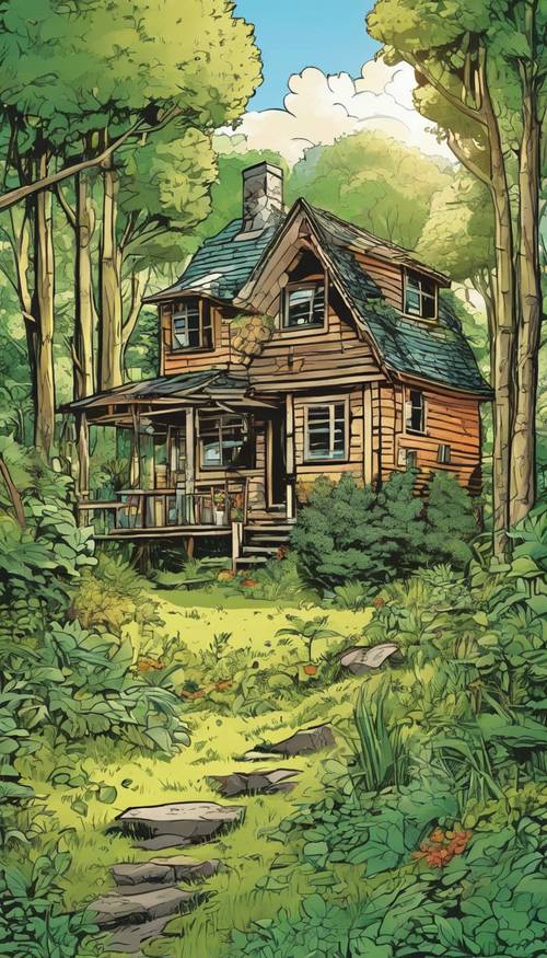 动画场景：一座小房子坐落在一片生机勃勃的绿色森林中，早晨的阳光透过树木照射下来。
