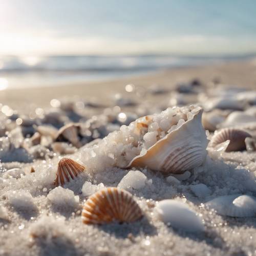 Uma cena de praia gelada com areia congelada e conchas incrustadas de gelo, sob um céu de inverno sem nuvens.