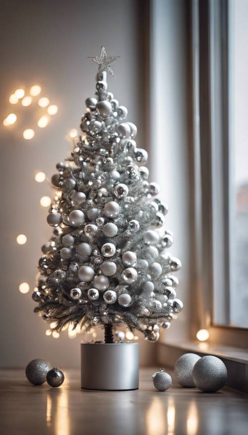 A small Christmas tree in a bright minimalist apartment, decorated with just a few silver balls Tapet [587880662cb0452585f2]