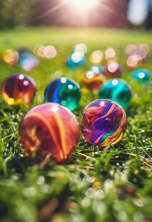 Brightly colored marbles captured in mid-bounce on a green grass lawn during a sunny day.