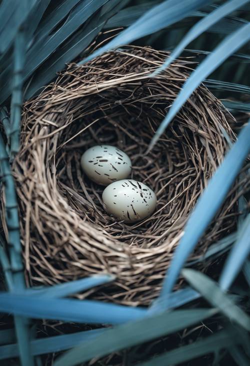 Замысловатое птичье гнездо спрятано в густых зарослях голубой бамбуковой рощи.