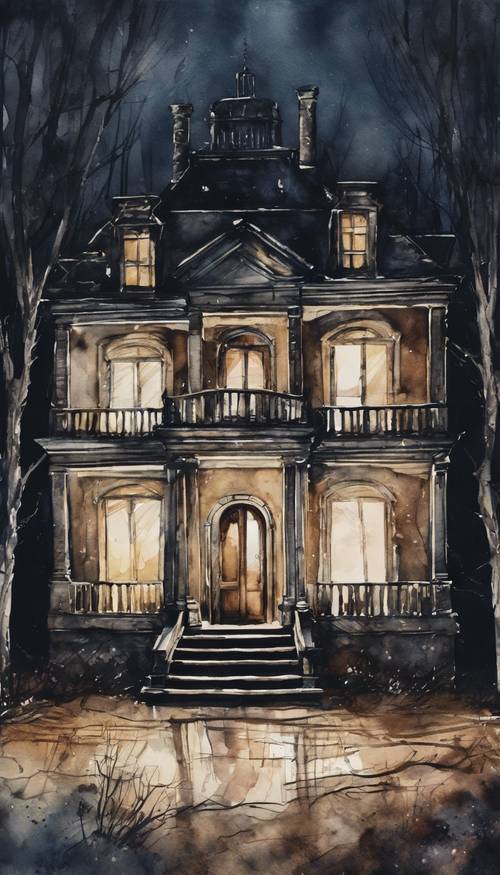 A dark, eerie watercolor painting of an abandoned mansion at midnight with creepy shadows.