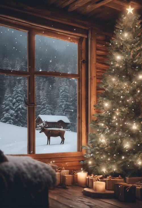 Natal di kabin pegunungan yang nyaman sementara salju lembut turun di luar.