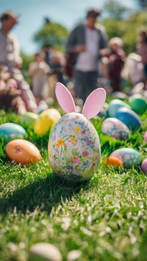 Una escena animada de un rollo de huevos de Pascua del vecindario en un césped verde.