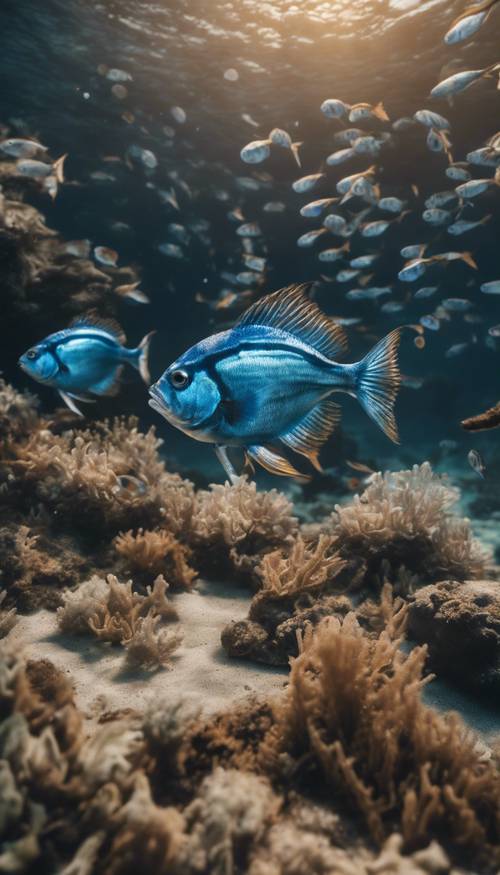 Un banco di pesci blu iridescenti che nuotano attorno a un relitto marrone sul fondo dell&#39;oceano.