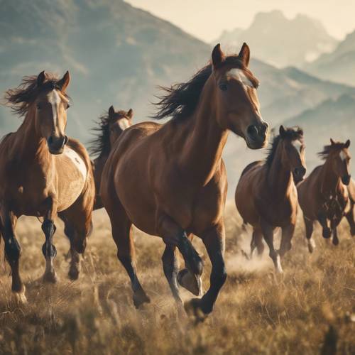 A pack of wild horses galloping freely in meadows with mountains in the backdrop.