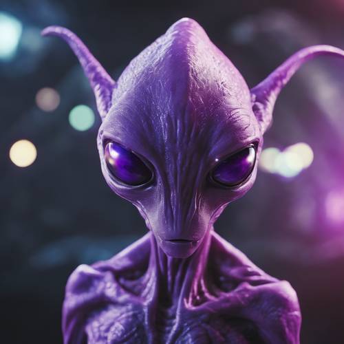 Una creatura aliena proveniente da un altro pianeta che mostra luminosi occhi viola.