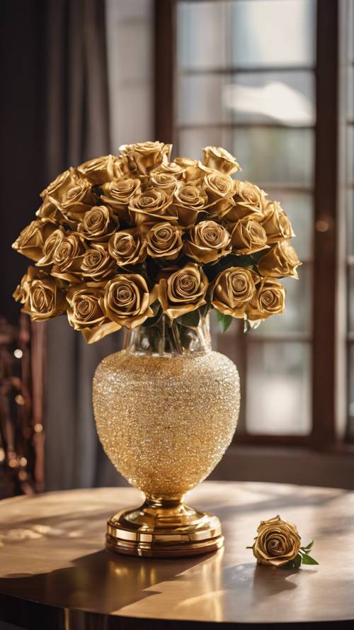 Bukiet połyskujących złotych róż obok wysokiego kryształowego wazonu na mahoniowym stole.
