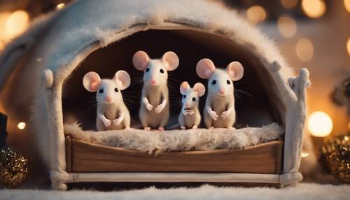 A cozy Christmas scene featuring a kawaii family of mice tucked in their little bed, waiting for Santa.