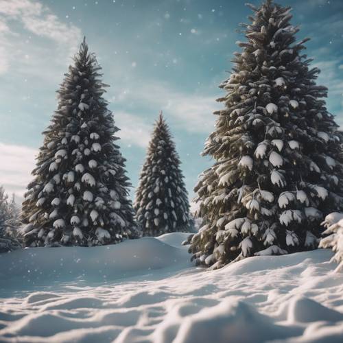 A dreamtime view of a snowy wonderland occupied by tall Christmas trees.