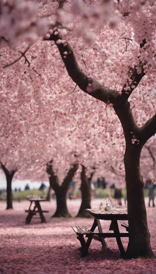 在黑櫻花樹落花下野餐