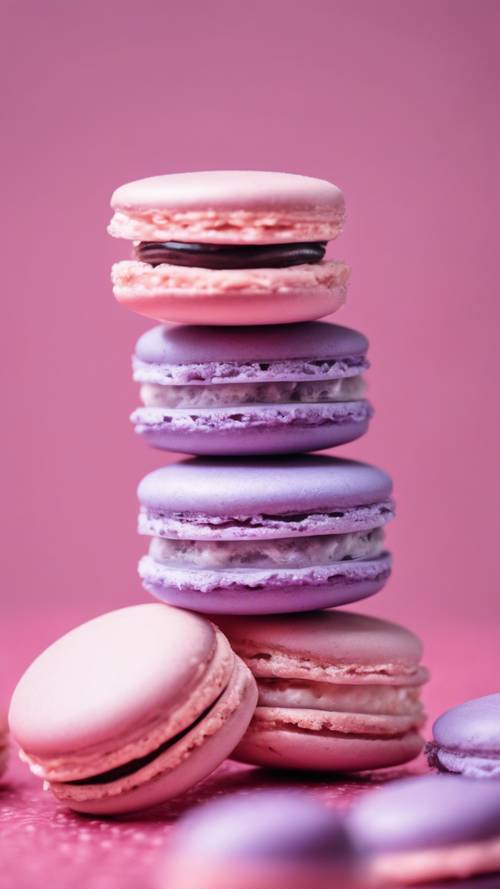 A bunch of kawaii lilac macarons stacked playfully with a soft pink background.