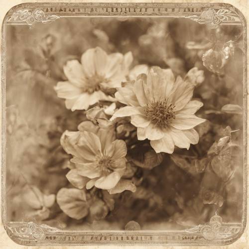 An old sepia-toned postcard with a beige floral pattern around the edges.
