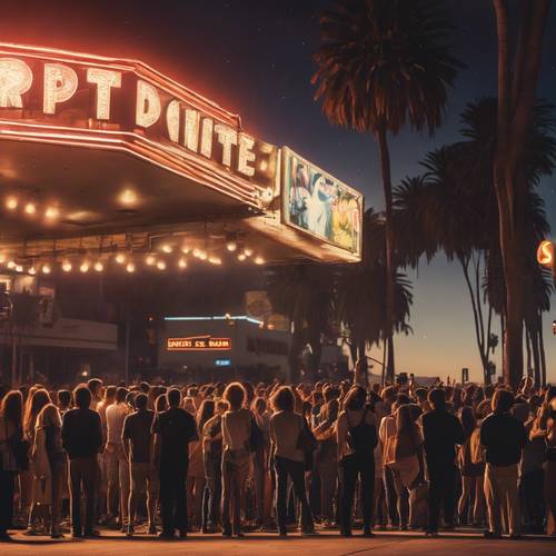 A youthful crowd in front of a popular concert venue on the Sunset Strip, Los Angeles.