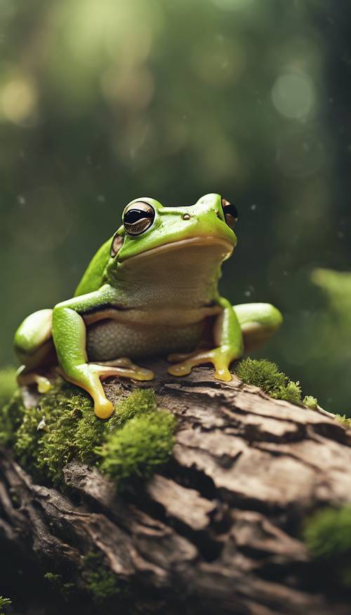 Một chú ếch cây xanh vui vẻ ngồi trên khúc gỗ phủ đầy rêu trong khung cảnh nông thôn cổ kính.