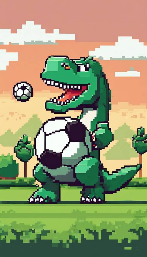 Pixel art of a joyful cartoon dinosaur bouncing a soccer ball on its tail in the middle of a grassy field.