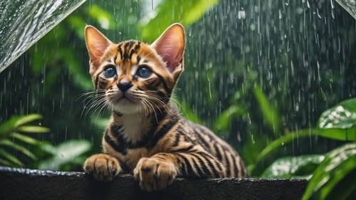 눈에 띄는 살쾡이 무늬가 있는 벵골 새끼 고양이가 열대 우림의 잎이 무성한 보호소 아래에서 비를 관찰하고 있습니다.