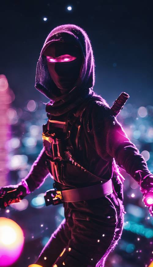 A neon ninja wielding bright light weapons on a dark, starlit rooftop.