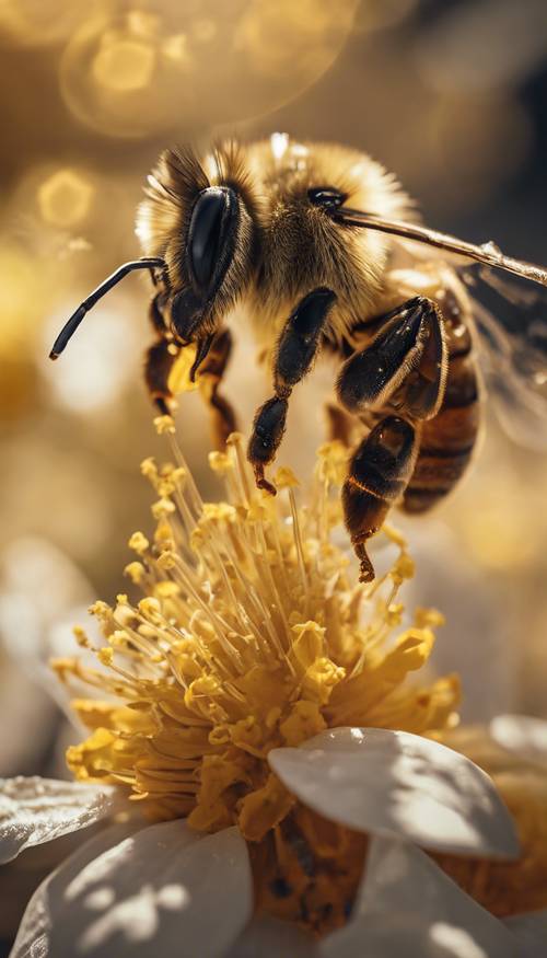 Seekor lebah pekerja secara estetis membawa serbuk sari kuning di dalam perut madunya.