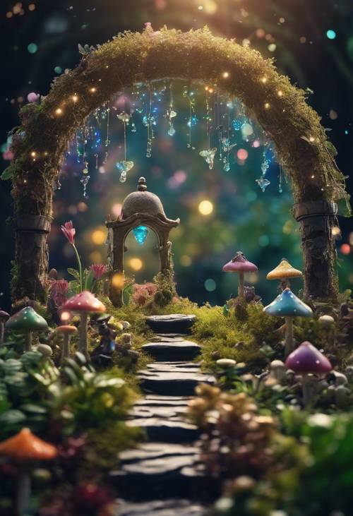 A magical fairy garden under the mystical arch of a black rainbow.