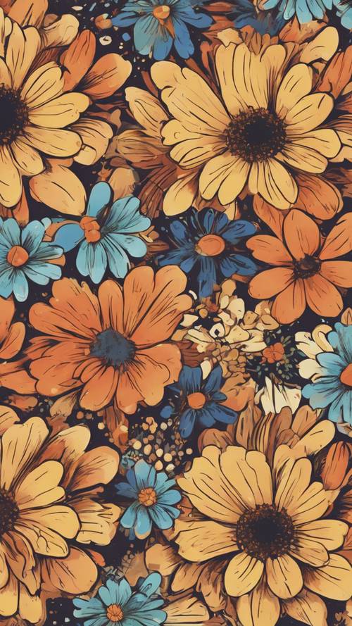 70年代の花柄デザインの壁紙 - カラフルでポップな花柄パターン