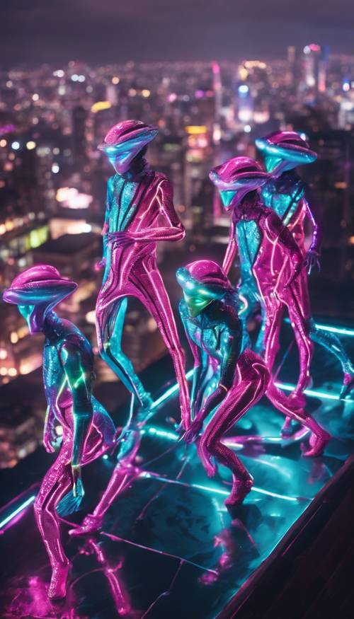 Sekelompok alien neon melakukan tarian tersinkronisasi di atas gedung pencakar langit