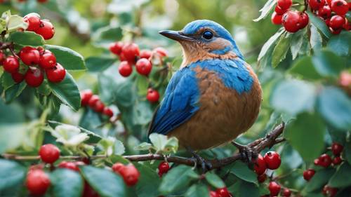 ציפור כחולה סקרנית מציץ מתוך שיח מוריק עמוס בפירות יער אדומים