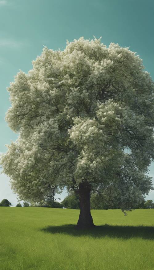 在晴朗的天空下，一棵孤獨的白樹雄偉地矗立在翠綠的草地中央。