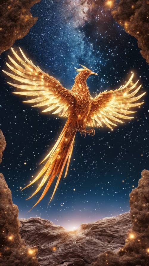 A winged gem, a phoenix, shining bright as a beacon against a backdrop of the Milky Way's countless stars.