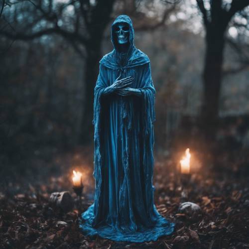 A spectral figure with flickering, cold blue flames where its head should be, wandering in a moonlit graveyard.