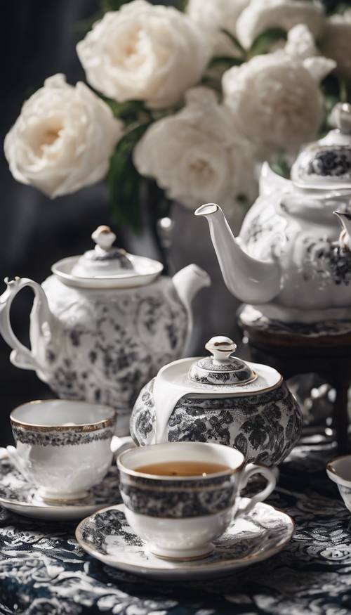 A dark damask tablecloth with a white porcelain teapot and teacups on top. Tapeta [b060f7c8970246c193bd]