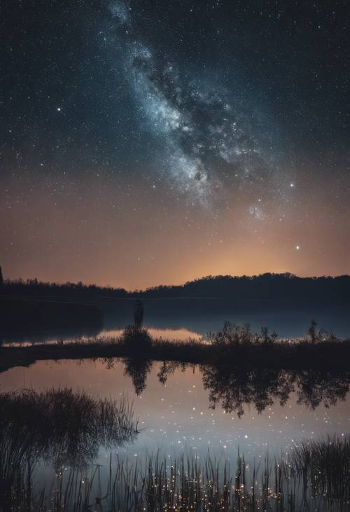 A still lake reflecting a clear night sky full of stars and a new moon.
