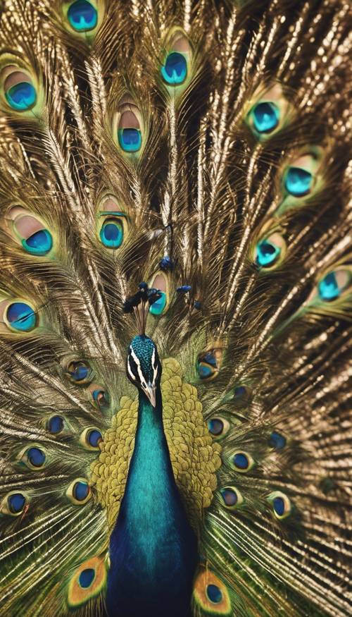 A close-up of a peacock's intensely colorful tail spread out under warm afternoon sunlight.
