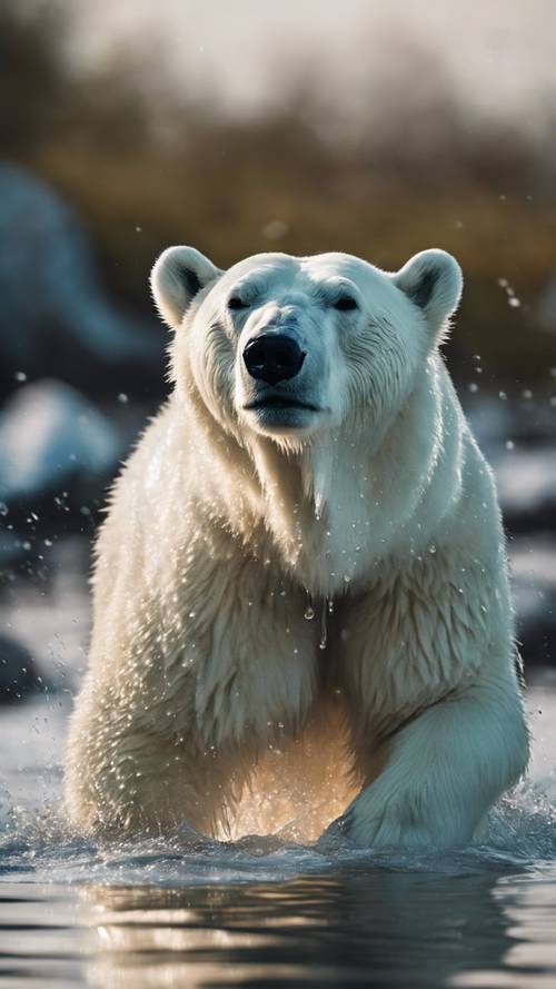 一隻雪白的北極熊從水中冒出，水滴順著它的皮毛落下。