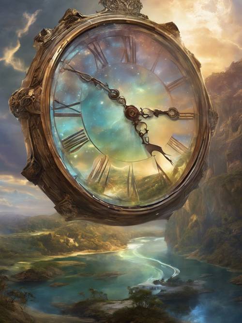Paisaje de fantasía donde el tiempo y el espacio parecen girar alrededor de un reloj flotante gigante.