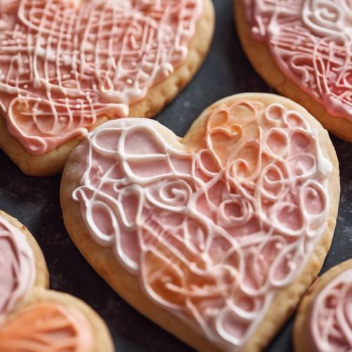 这是一块优雅的糖霜饼干，形状为心形，颜色从深红色到桃色呈现出迷人的渐变色。