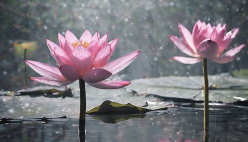 粉紅色睡蓮漂浮在灰色霧濛濛的池塘上的數位藝術。