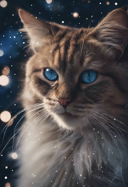 Eine Katze, deren Fell wie ein sternenübersäter Nachthimmel aussieht und deren Augen an zwei helle Sternbilder erinnern.