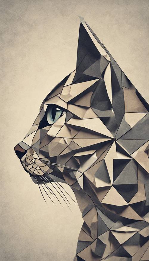 A symbol of a geometric cat composed entirely of triangles on a minimalist paper background. Tapet [97a24fe5236f4cdc8190]